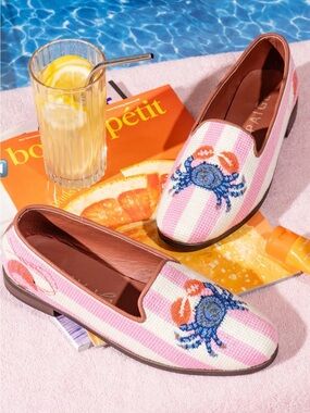 New By Paige needlepoint crab loafers in pink stripe